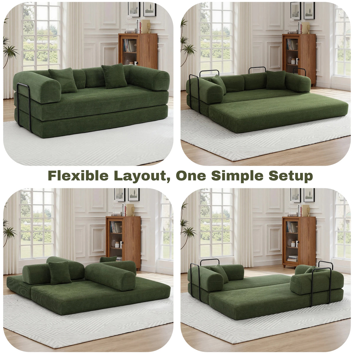 Green Small Space Modular Floor Sectional Sofa, Corduroy Convertible Chaise Lounge Sofa, No Assembly Vacuum Compressed Sofa with Sturdy Iron Support Frame