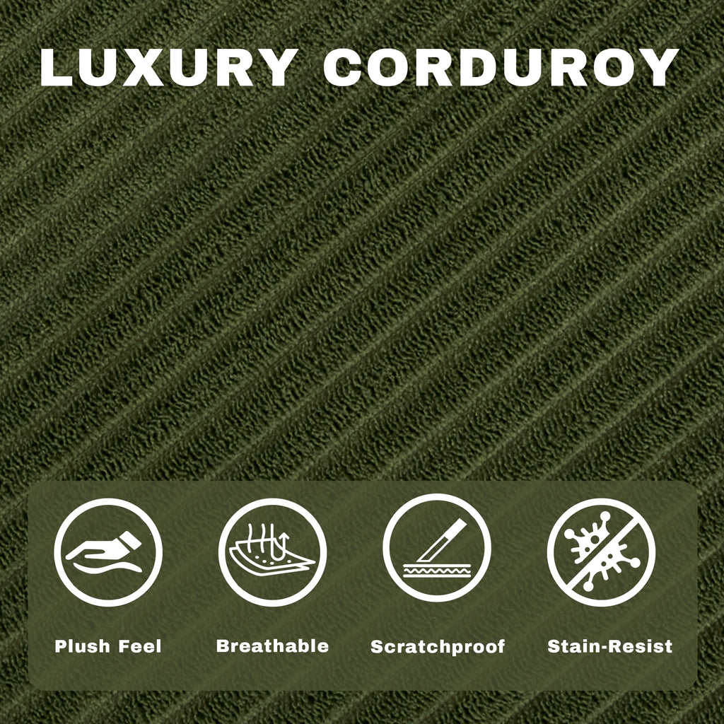 Green Small Space Modular Floor Sectional Sofa, Corduroy Convertible Chaise Lounge Sofa, No Assembly Vacuum Compressed Sofa with Sturdy Iron Support Frame