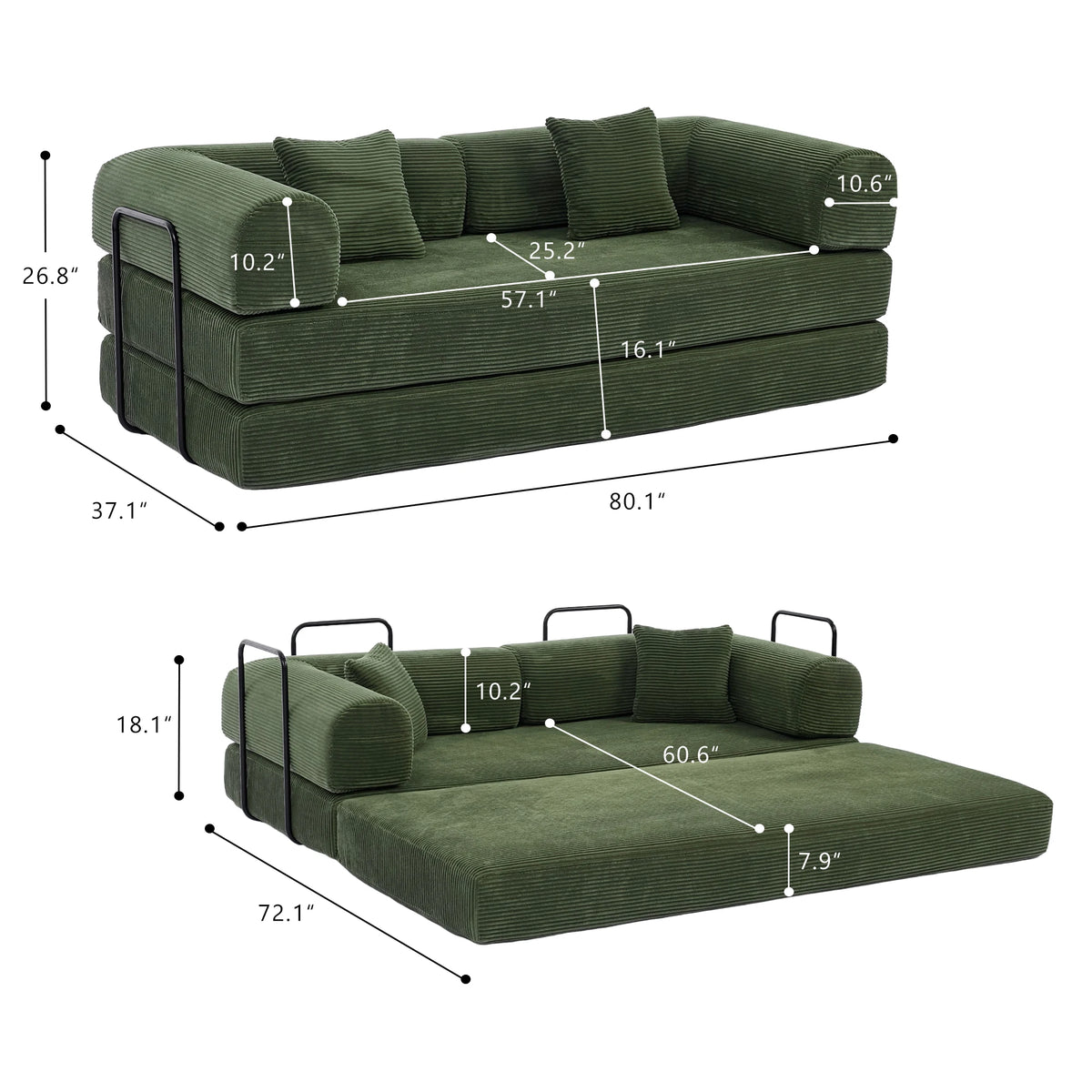 Green Small Space Modular Floor Sectional Sofa, Corduroy Convertible Chaise Lounge Sofa, No Assembly Vacuum Compressed Sofa with Sturdy Iron Support Frame