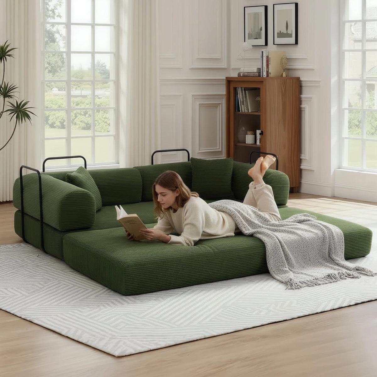Green Small Space Modular Floor Sectional Sofa, Corduroy Convertible Chaise Lounge Sofa, No Assembly Vacuum Compressed Sofa with Sturdy Iron Support Frame