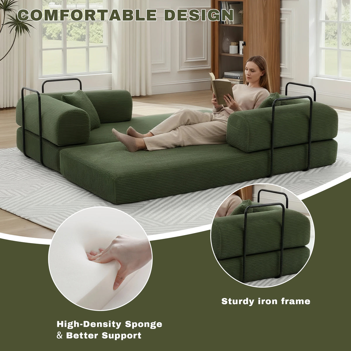 Green Small Space Modular Floor Sectional Sofa, Corduroy Convertible Chaise Lounge Sofa, No Assembly Vacuum Compressed Sofa with Sturdy Iron Support Frame