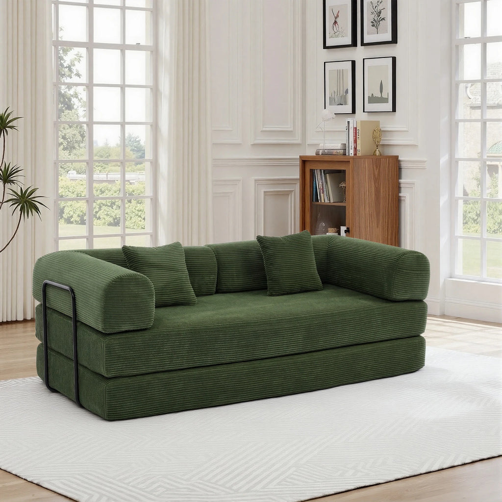 Green Small Space Modular Floor Sectional Sofa, Corduroy Convertible Chaise Lounge Sofa, No Assembly Vacuum Compressed Sofa with Sturdy Iron Support Frame