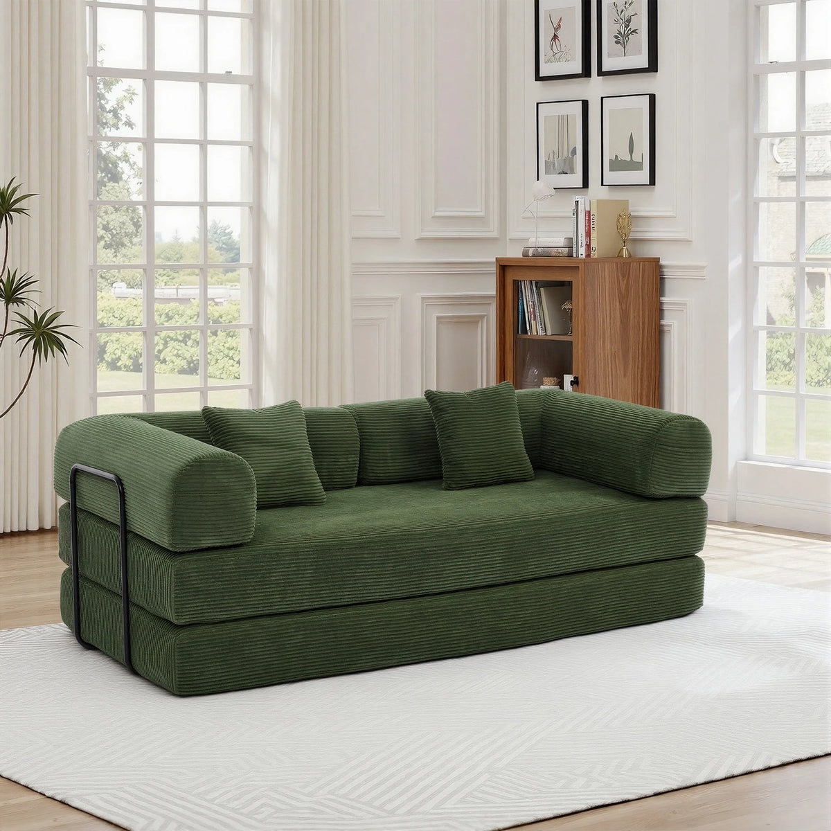 Green Small Space Modular Floor Sectional Sofa, Corduroy Convertible Chaise Lounge Sofa, No Assembly Vacuum Compressed Sofa with Sturdy Iron Support Frame