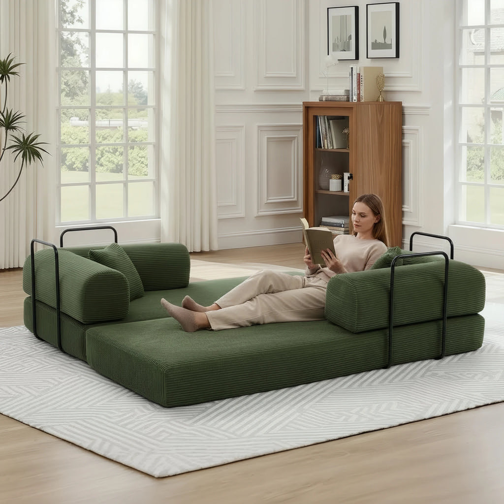 Green Small Space Modular Floor Sectional Sofa, Corduroy Convertible Chaise Lounge Sofa, No Assembly Vacuum Compressed Sofa with Sturdy Iron Support Frame