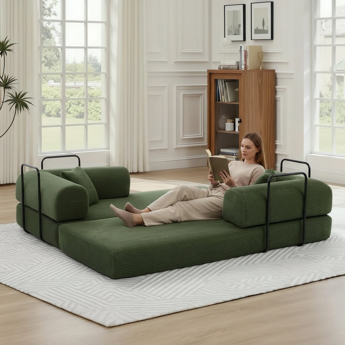 Green Small Space Modular Floor Sectional Sofa, Corduroy Convertible Chaise Lounge Sofa, No Assembly Vacuum Compressed Sofa with Sturdy Iron Support Frame