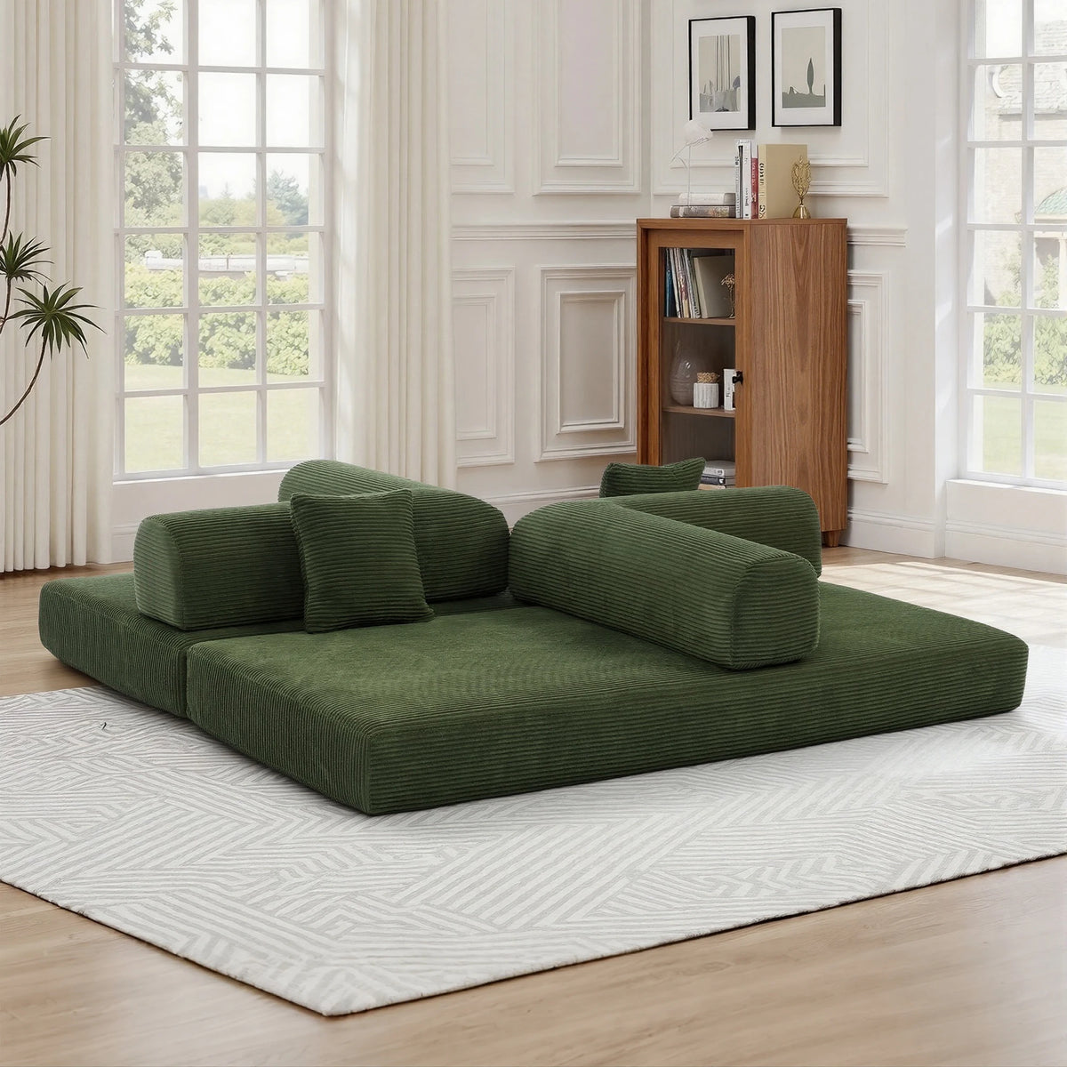 Green Small Space Modular Floor Sectional Sofa, Corduroy Convertible Chaise Lounge Sofa, No Assembly Vacuum Compressed Sofa with Sturdy Iron Support Frame