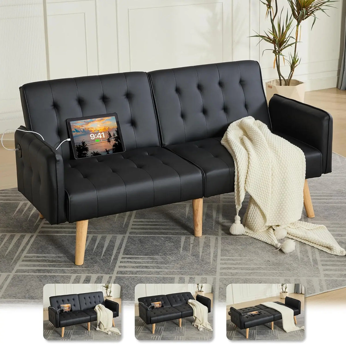 TYBOATLE 65" Futon Sofa Bed 2 USB - Tufted Upholstered Adjustable Loveseat Modern Mid Century for Small Spaces Dark Grey