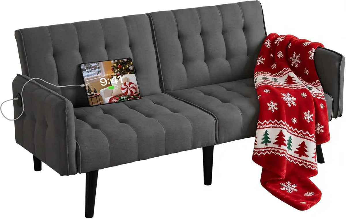 TYBOATLE 65" Futon Sofa Bed 2 USB - Tufted Upholstered Adjustable Loveseat Modern Mid Century for Small Spaces Dark Grey