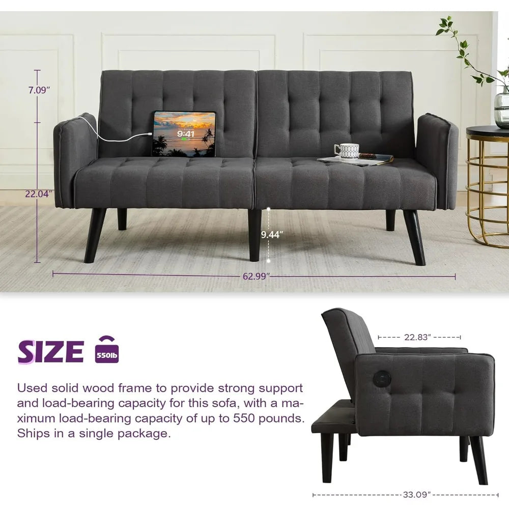 TYBOATLE 65" Futon Sofa Bed 2 USB - Tufted Upholstered Adjustable Loveseat Modern Mid Century for Small Spaces Dark Grey