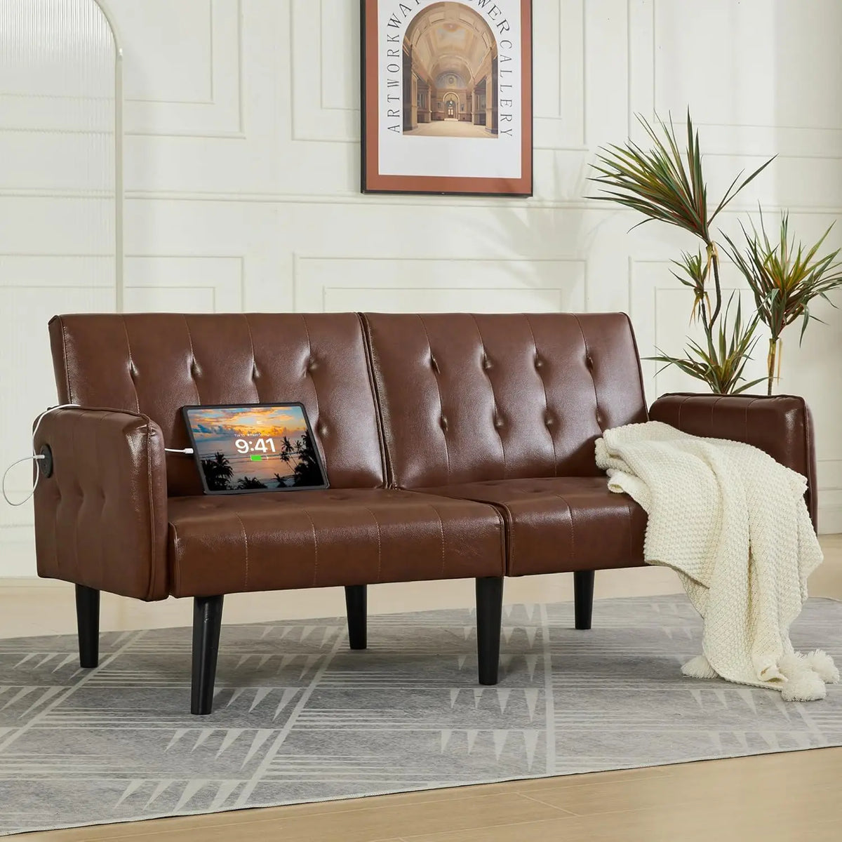 TYBOATLE 65" Futon Sofa Bed 2 USB - Tufted Upholstered Adjustable Loveseat Modern Mid Century for Small Spaces Dark Grey