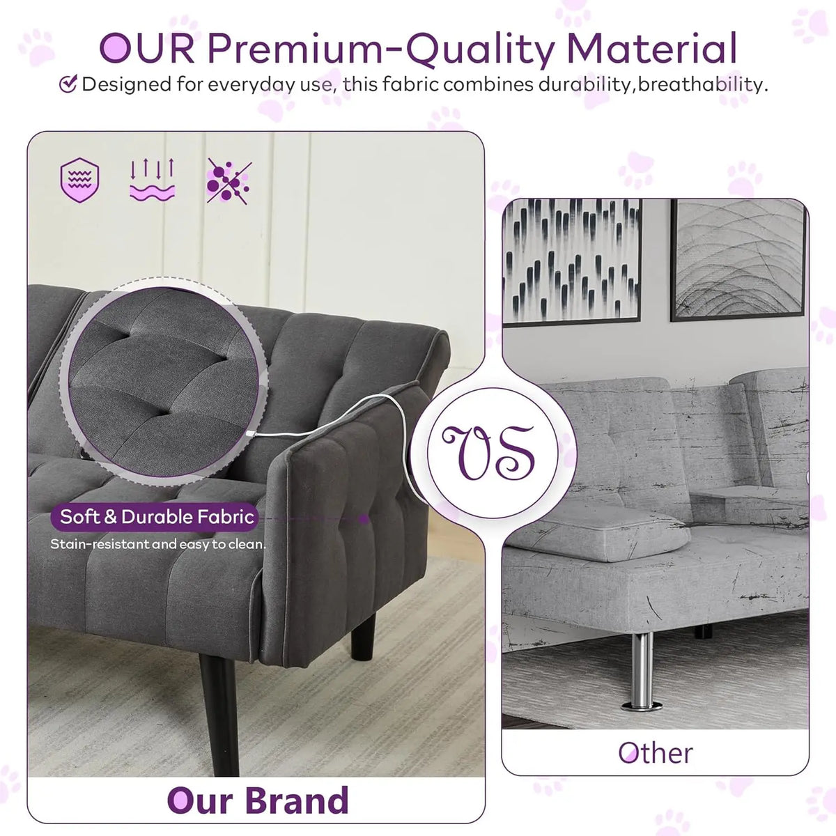 TYBOATLE 65" Futon Sofa Bed 2 USB - Tufted Upholstered Adjustable Loveseat Modern Mid Century for Small Spaces Dark Grey