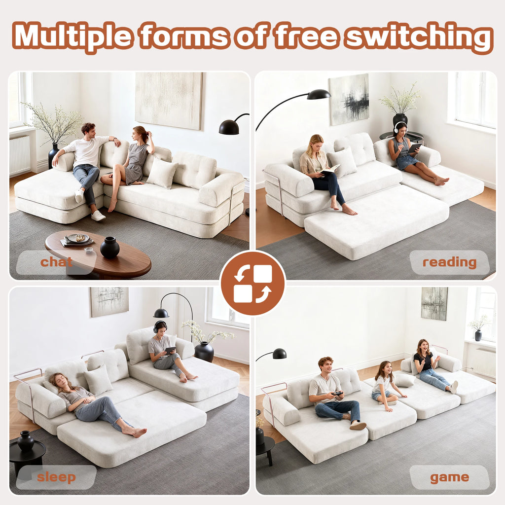 104' Boneless Couch Foldable Convertible Futon Sleeper Sofa Bed Floor Chenille L-Shaped Chaise Lounge for Living Room Sofas
