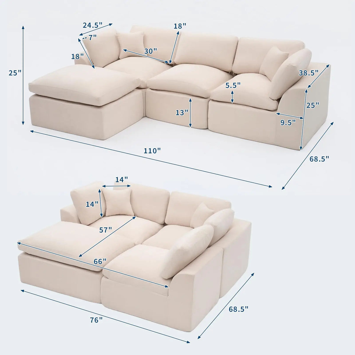 Modular Sectional Sofa 110 Inch Deep Seat Memory Foam Couch Boneless Comfort No Assembly Needed For Living Room Or Bedroom White