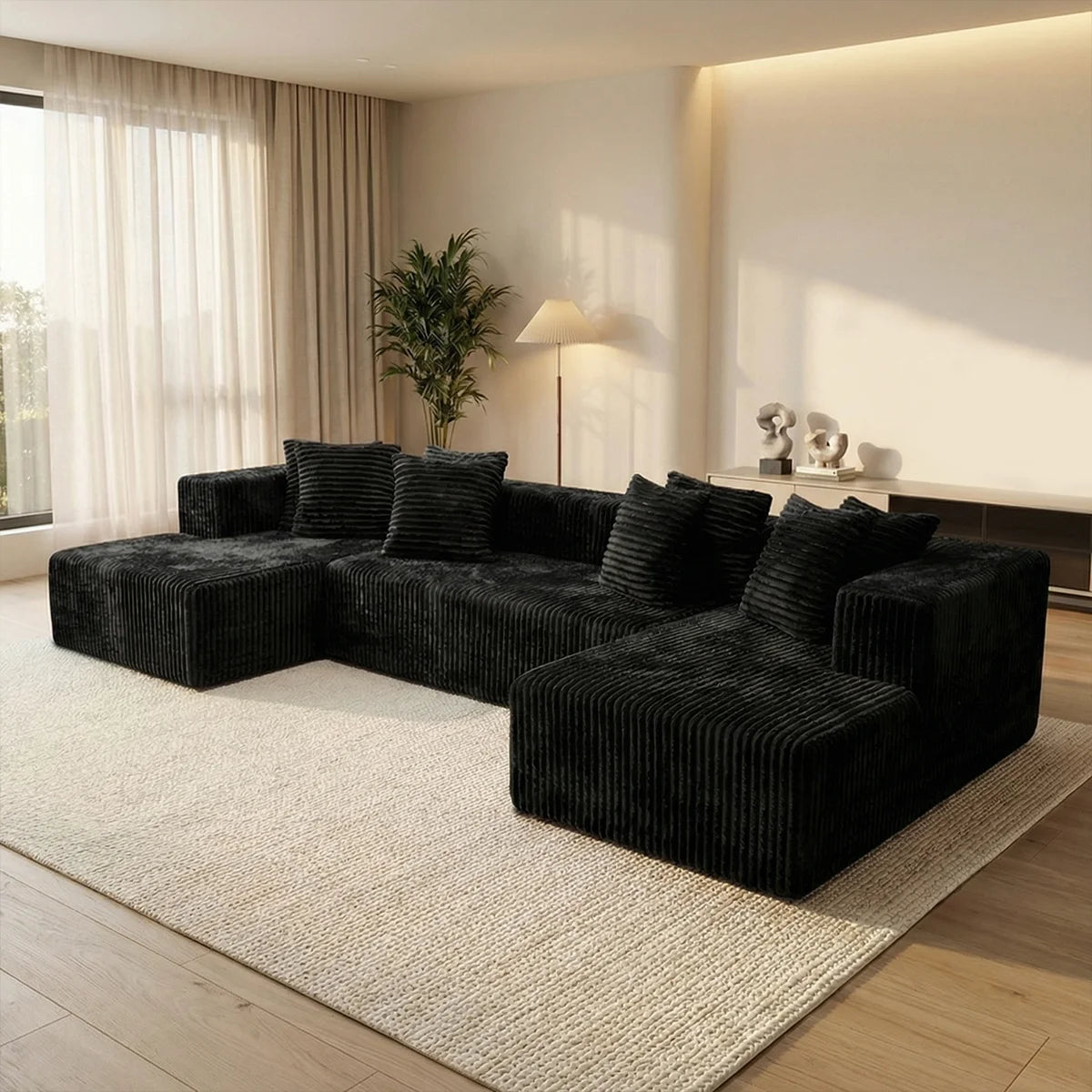 Large‑Size U‑Shape Modular Cloud Sofa with Cup Holders, Compressed Sofa Set, Velvet Fabric, for Suite & Villa Living Room