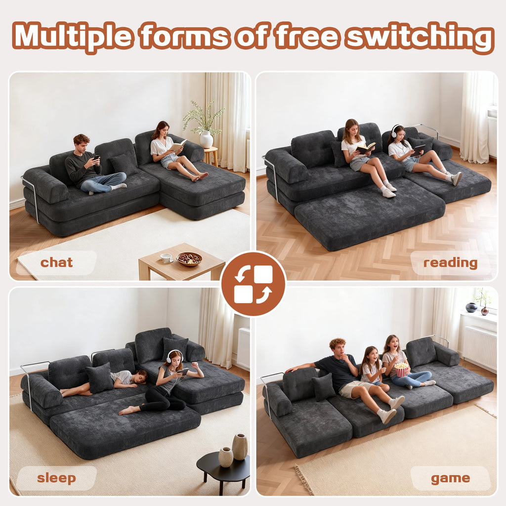 104' Boneless Couch Foldable Convertible Futon Sleeper Sofa Bed Floor Chenille L-Shaped Chaise Lounge for Living Room Sofas