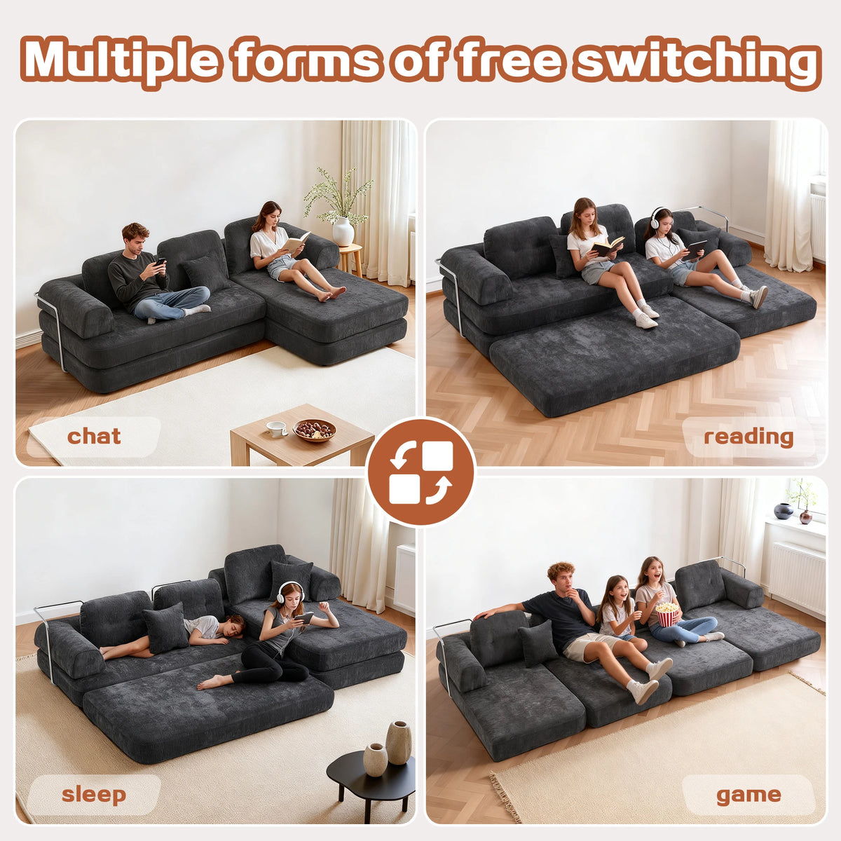 104' Boneless Couch Foldable Convertible Futon Sleeper Sofa Bed Floor Chenille L-Shaped Chaise Lounge for Living Room Sofas