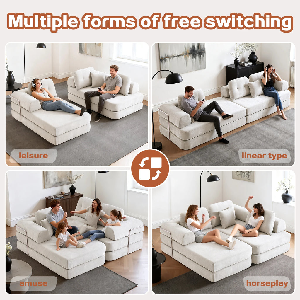 104' Boneless Couch Foldable Convertible Futon Sleeper Sofa Bed Floor Chenille L-Shaped Chaise Lounge for Living Room Sofas