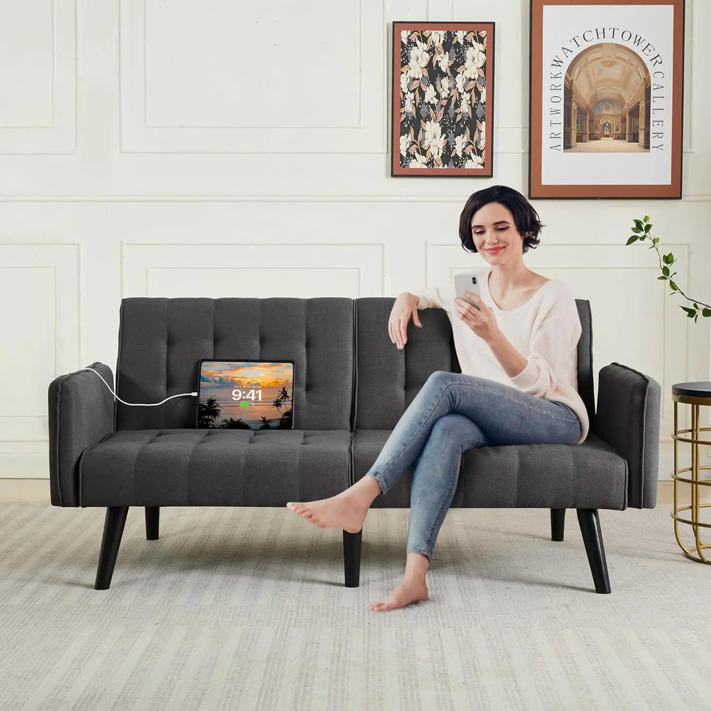 TYBOATLE 65" Futon Sofa Bed 2 USB - Tufted Upholstered Adjustable Loveseat Modern Mid Century for Small Spaces Dark Grey