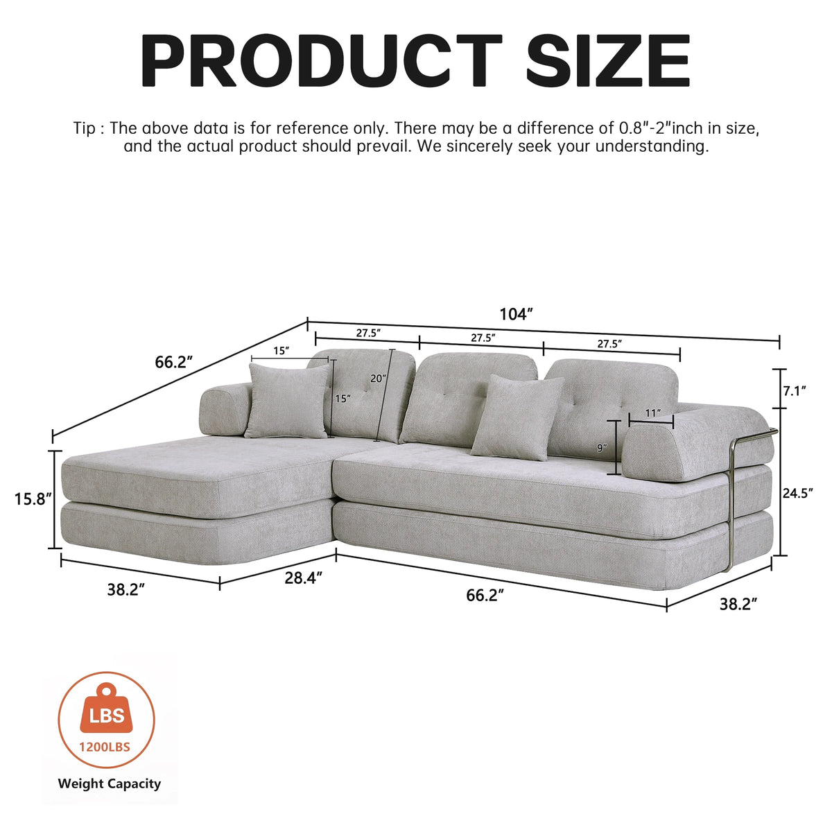 104' Boneless Couch Foldable Convertible Futon Sleeper Sofa Bed Floor Chenille L-Shaped Chaise Lounge for Living Room Sofas