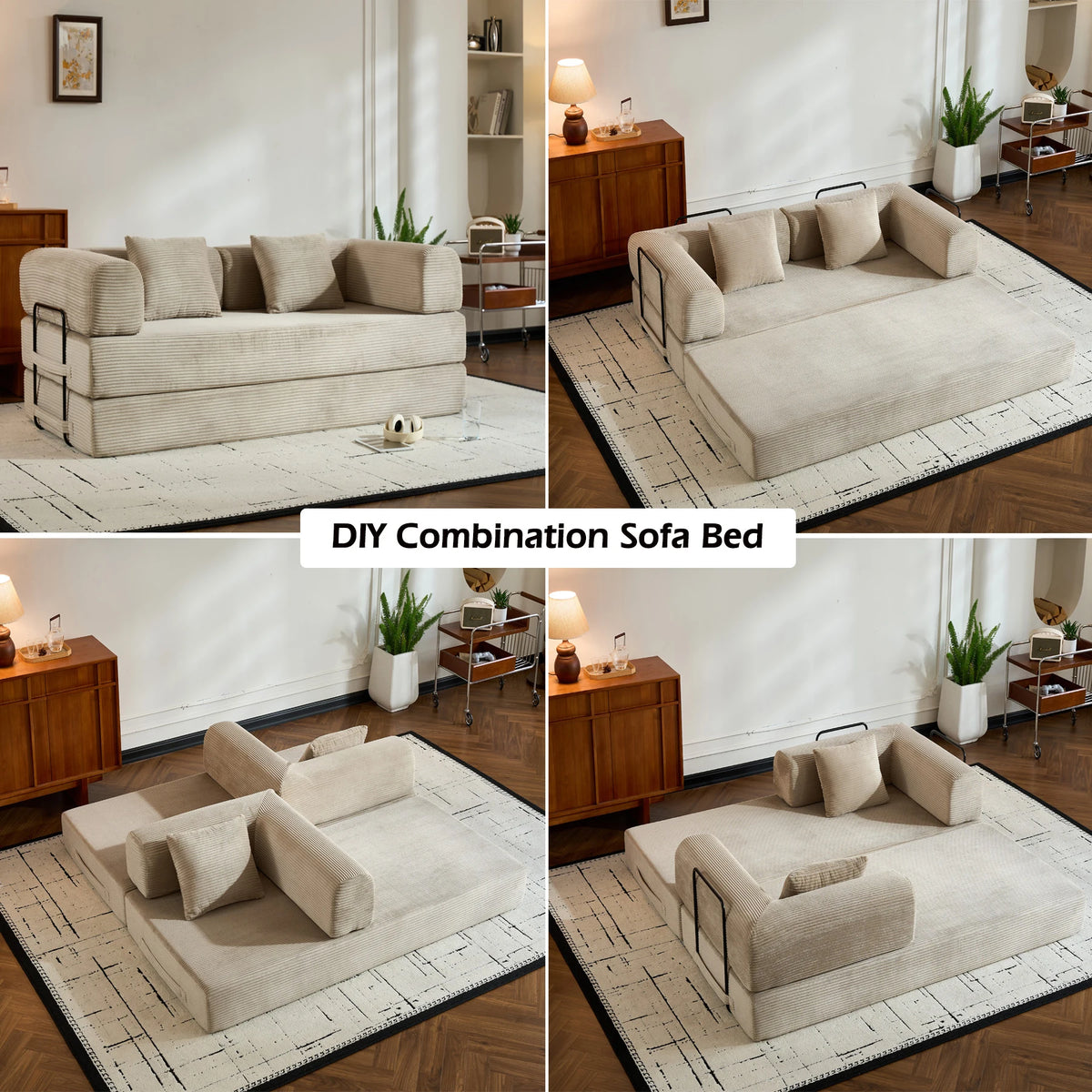 79" Folding Convertible Sofa Bed, Oversized Corduroy Futon Floor Couch, Boneless Loveseat for Small Spaces, Living Room, Bedroom