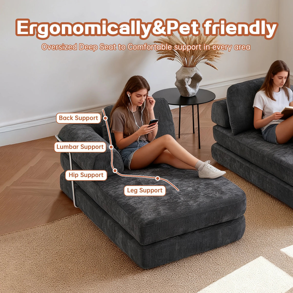 104' Boneless Couch Foldable Convertible Futon Sleeper Sofa Bed Floor Chenille L-Shaped Chaise Lounge for Living Room Sofas