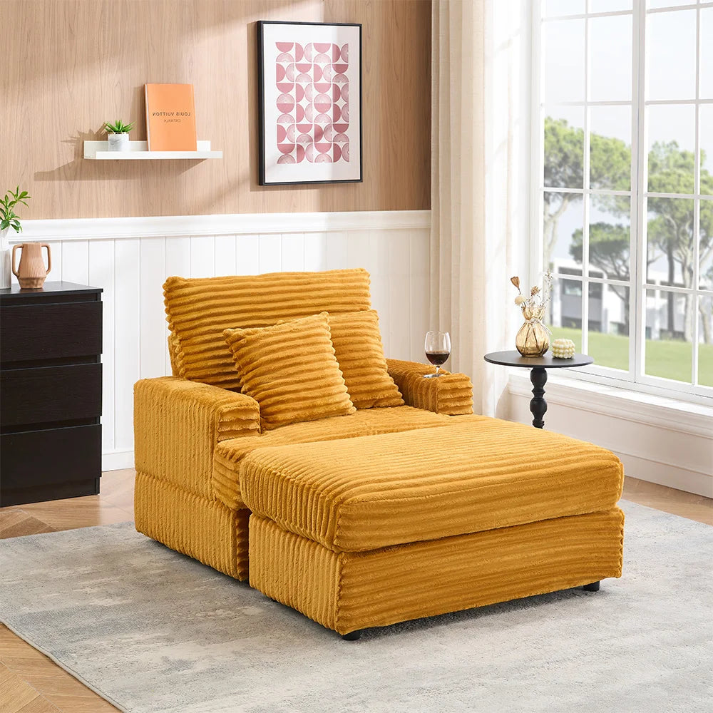 39-Inch Soft-Seat Single Sofa With Footrests Equipped With A Cup Holder Corduroy Fabric Is Highly Suitable for Use In The Living Room Or Bedroom