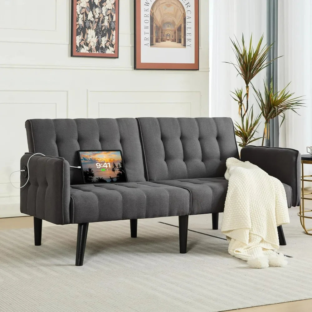 TYBOATLE 65" Futon Sofa Bed 2 USB - Tufted Upholstered Adjustable Loveseat Modern Mid Century for Small Spaces Dark Grey