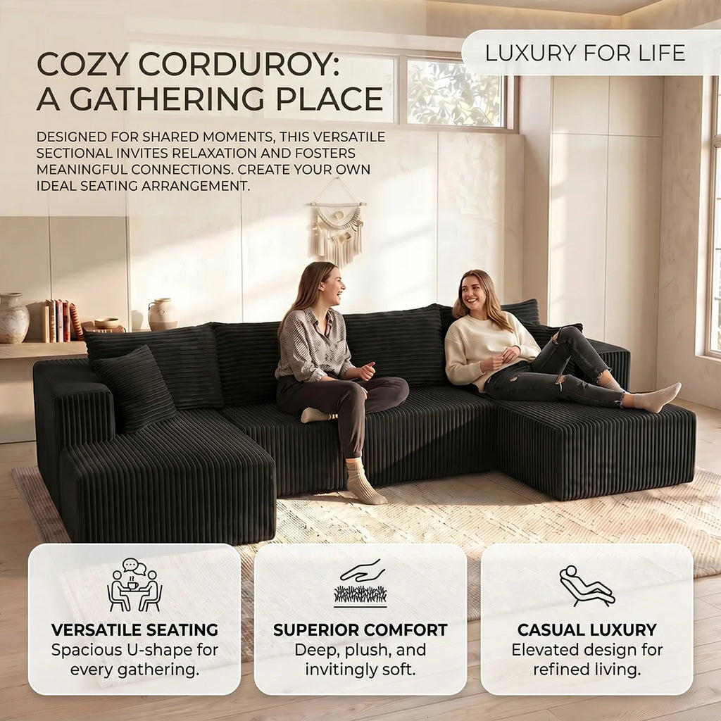 Large‑Size U‑Shape Modular Cloud Sofa with Cup Holders, Compressed Sofa Set, Velvet Fabric, for Suite & Villa Living Room
