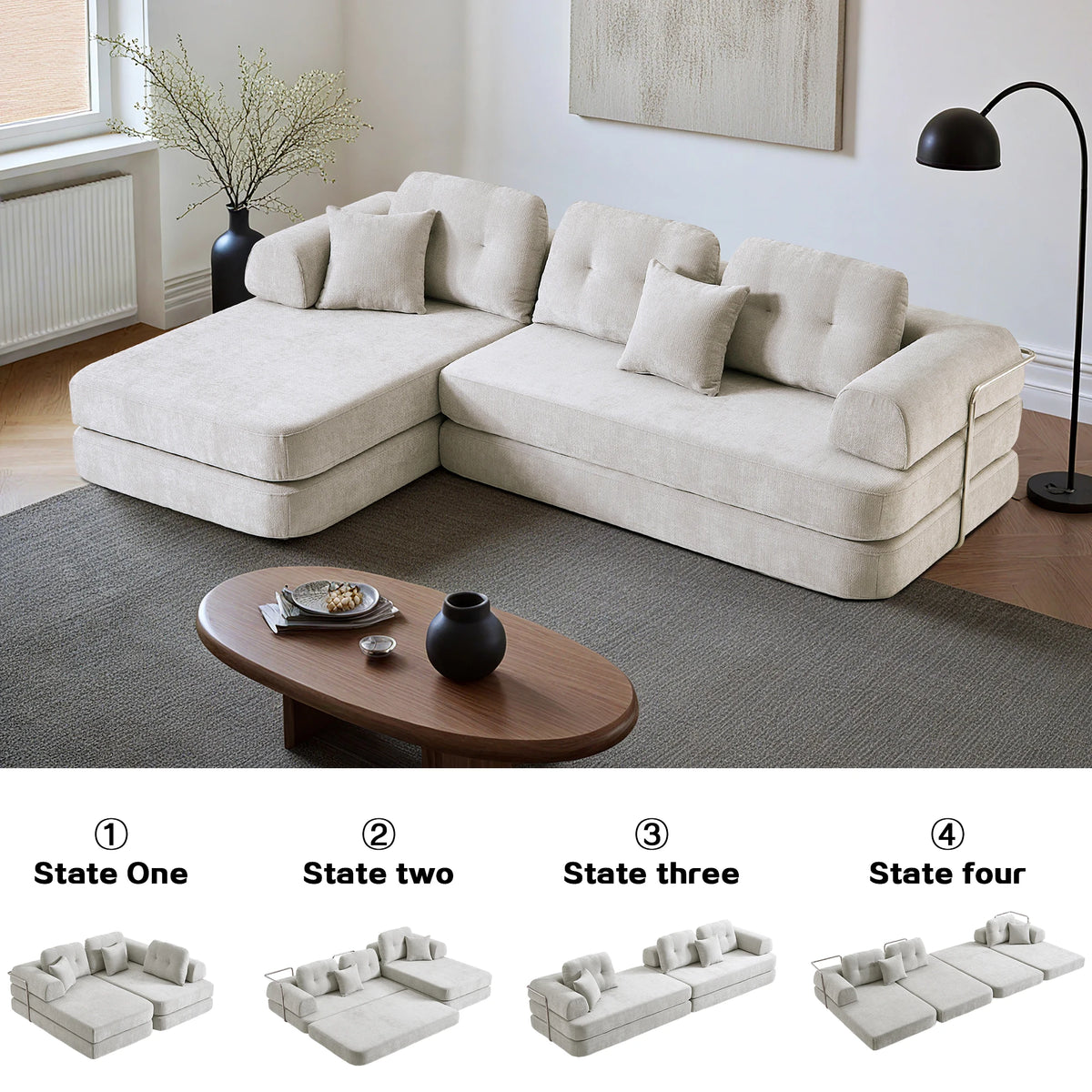 104' Boneless Couch Foldable Convertible Futon Sleeper Sofa Bed Floor Chenille L-Shaped Chaise Lounge for Living Room Sofas