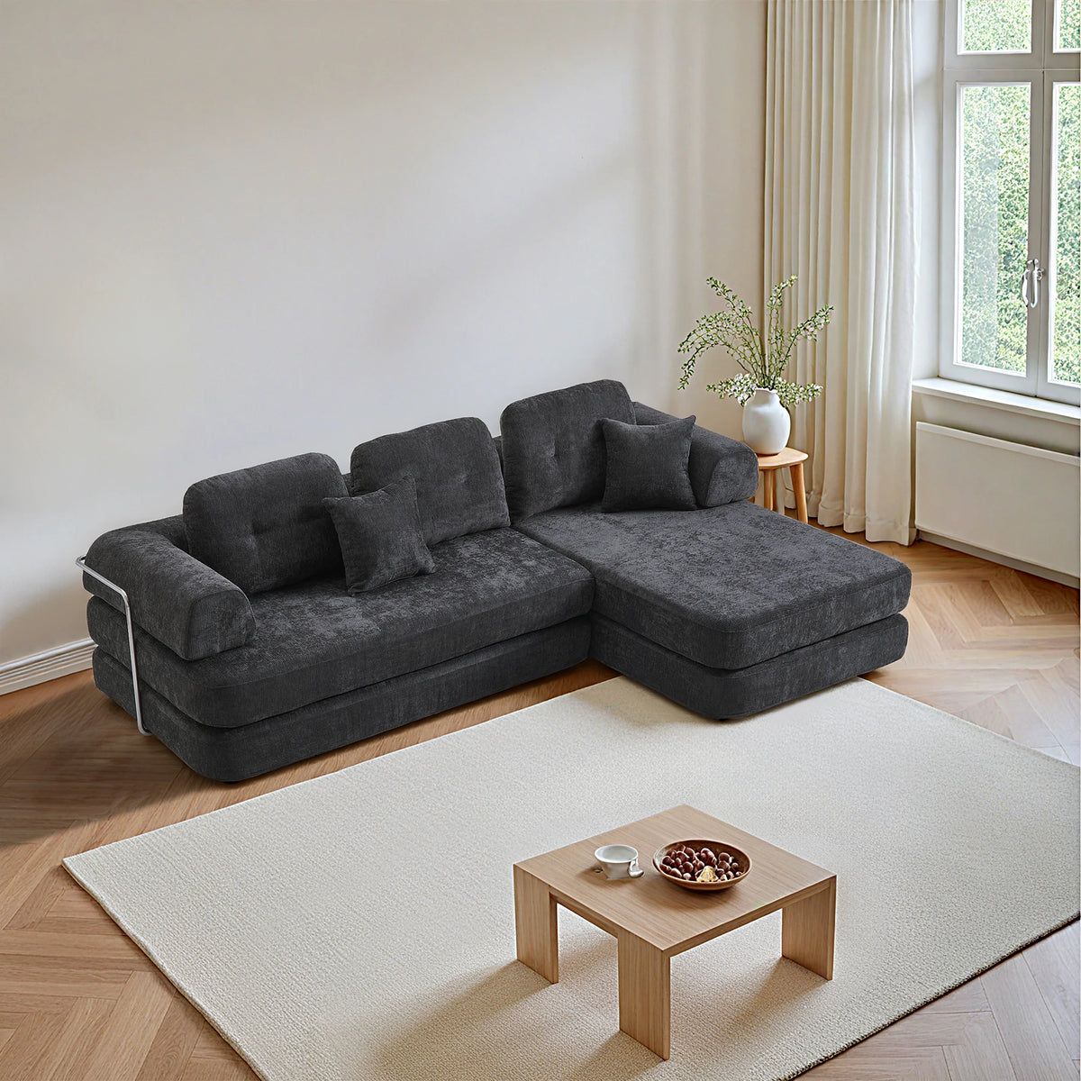 104' Boneless Couch Foldable Convertible Futon Sleeper Sofa Bed Floor Chenille L-Shaped Chaise Lounge for Living Room Sofas