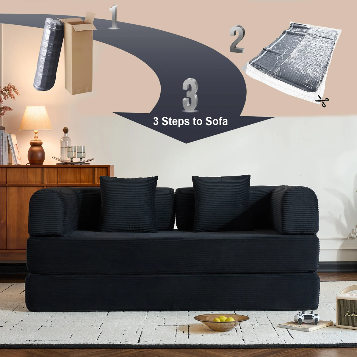 79" Folding Convertible Sofa Bed, Oversized Corduroy Futon Floor Couch, Boneless Loveseat for Small Spaces, Living Room, Bedroom