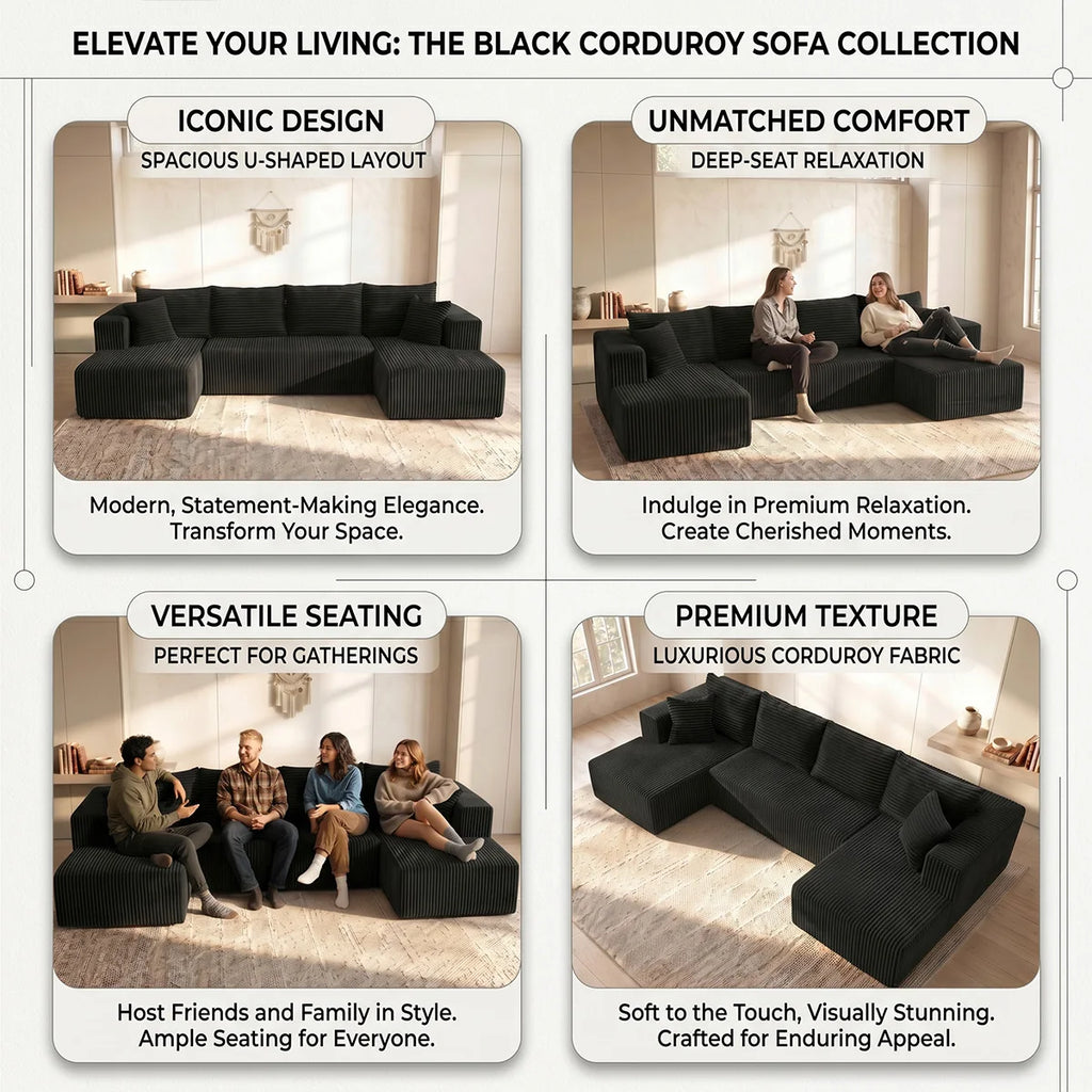 Large‑Size U‑Shape Modular Cloud Sofa with Cup Holders, Compressed Sofa Set, Velvet Fabric, for Suite & Villa Living Room