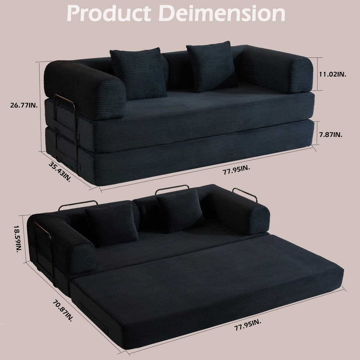 79" Folding Convertible Sofa Bed, Oversized Corduroy Futon Floor Couch, Boneless Loveseat for Small Spaces, Living Room, Bedroom