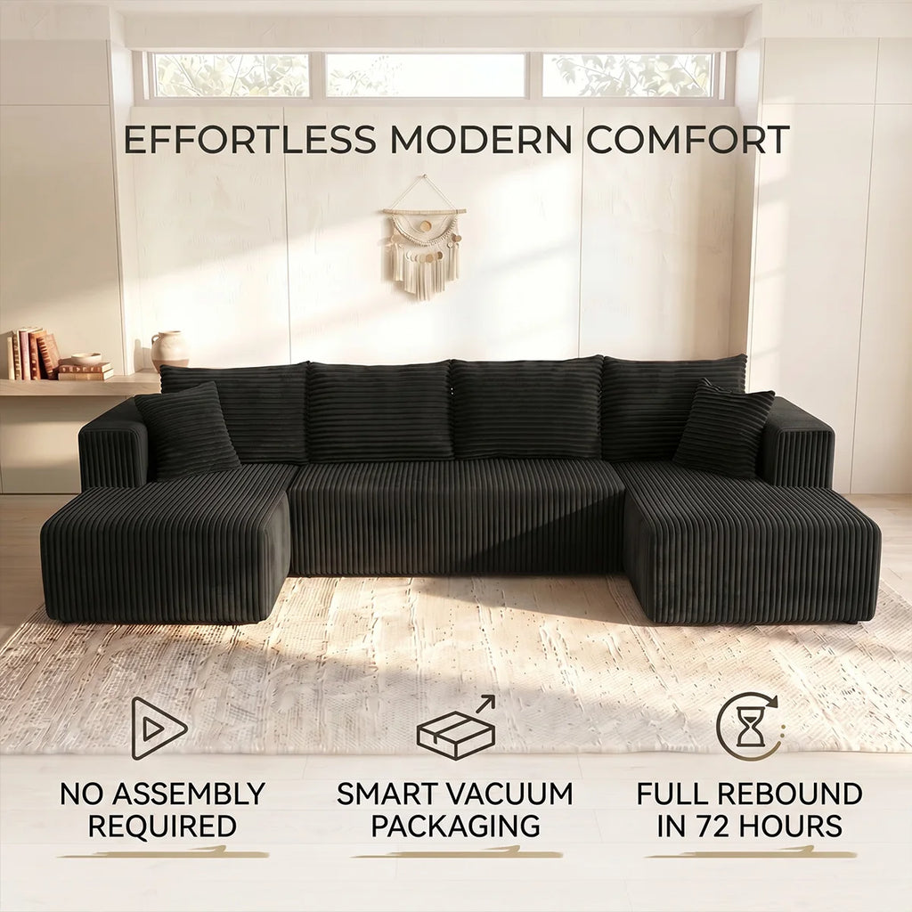 Large‑Size U‑Shape Modular Cloud Sofa with Cup Holders, Compressed Sofa Set, Velvet Fabric, for Suite & Villa Living Room