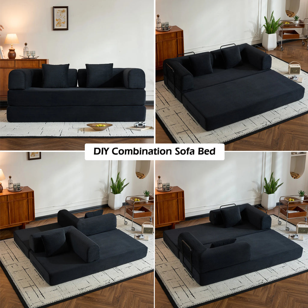 79" Folding Convertible Sofa Bed, Oversized Corduroy Futon Floor Couch, Boneless Loveseat for Small Spaces, Living Room, Bedroom