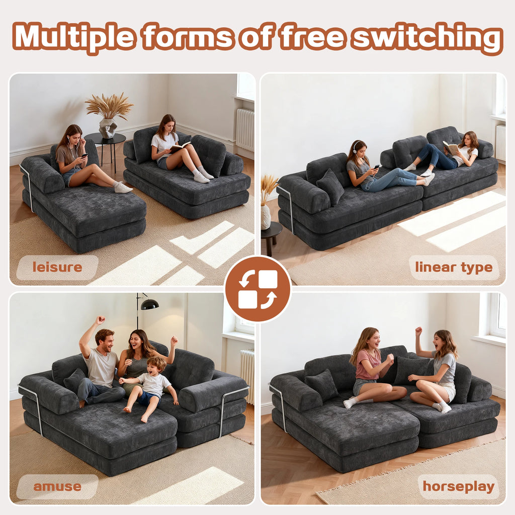 104' Boneless Couch Foldable Convertible Futon Sleeper Sofa Bed Floor Chenille L-Shaped Chaise Lounge for Living Room Sofas