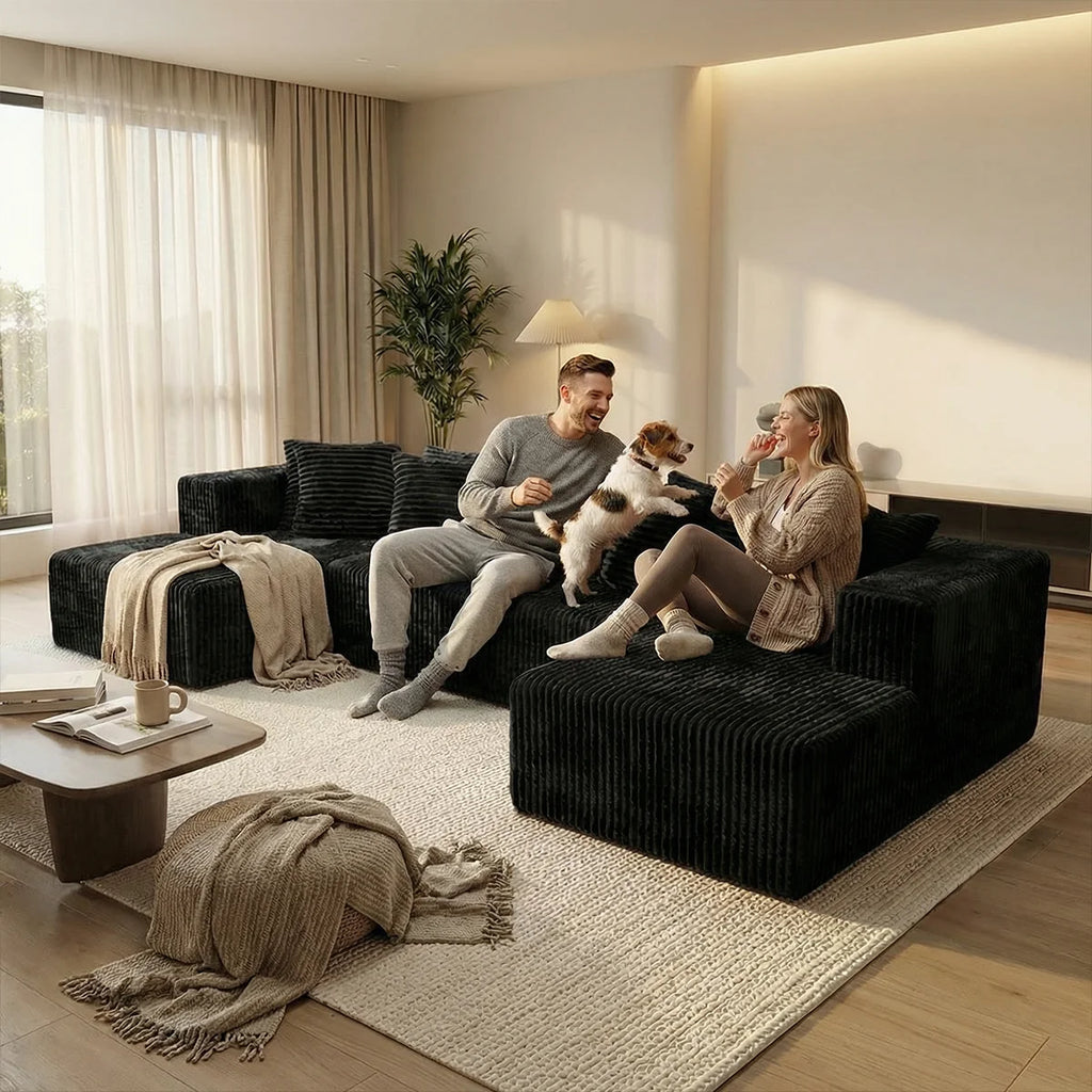 Large‑Size U‑Shape Modular Cloud Sofa with Cup Holders, Compressed Sofa Set, Velvet Fabric, for Suite & Villa Living Room