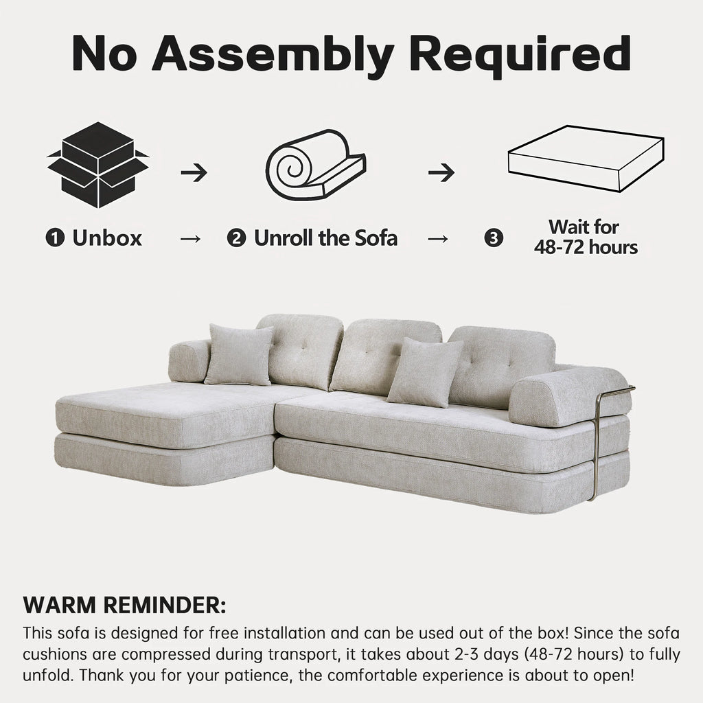 104' Boneless Couch Foldable Convertible Futon Sleeper Sofa Bed Floor Chenille L-Shaped Chaise Lounge for Living Room Sofas