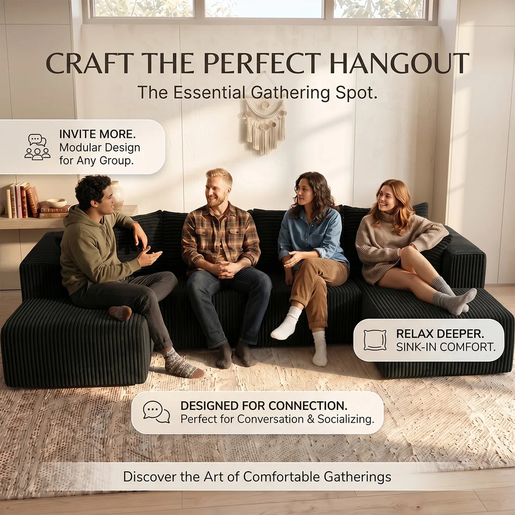 Large‑Size U‑Shape Modular Cloud Sofa with Cup Holders, Compressed Sofa Set, Velvet Fabric, for Suite & Villa Living Room