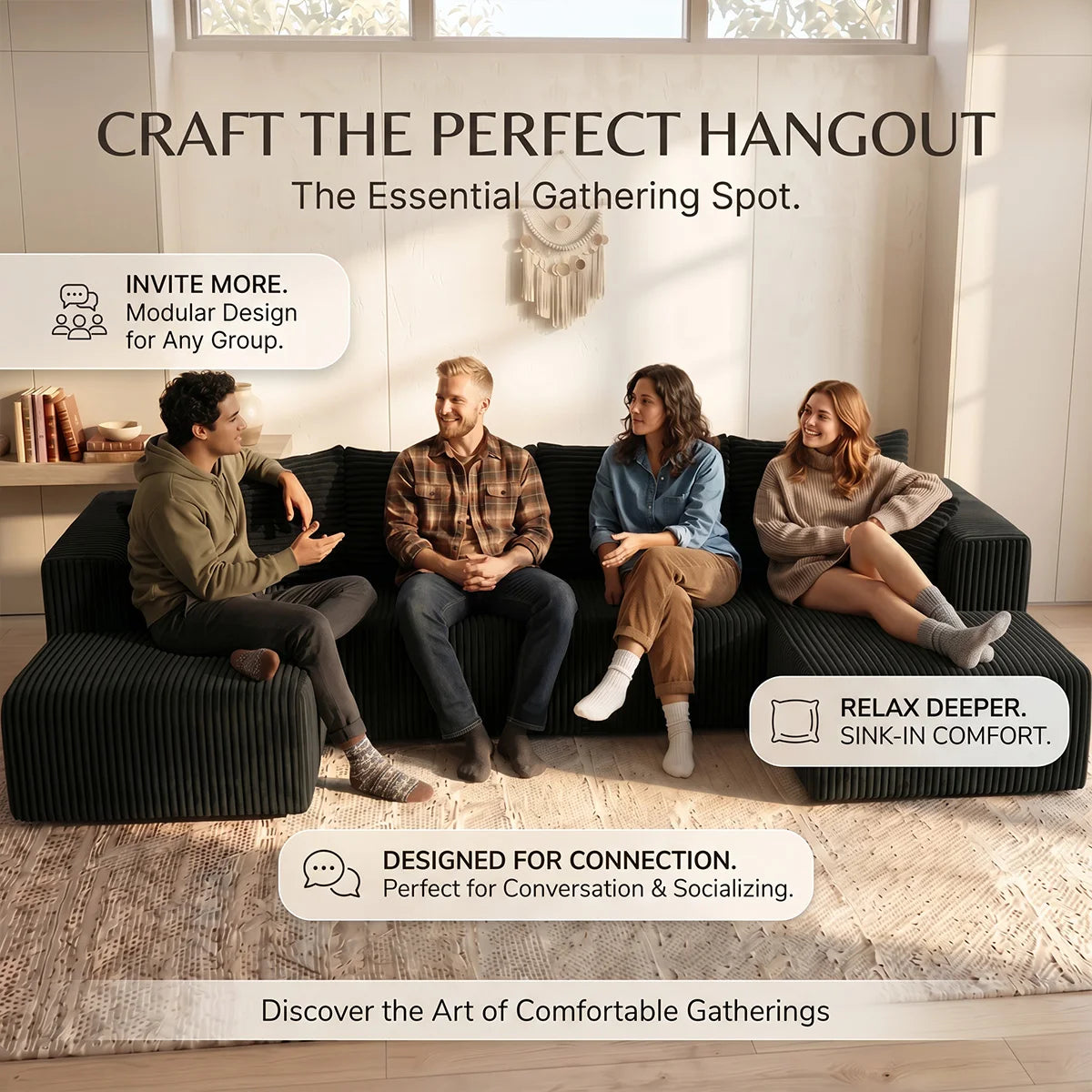 Large‑Size U‑Shape Modular Cloud Sofa with Cup Holders, Compressed Sofa Set, Velvet Fabric, for Suite & Villa Living Room