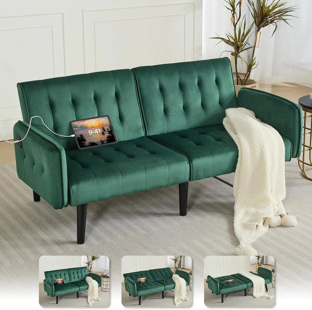 TYBOATLE 65" Futon Sofa Bed 2 USB - Tufted Upholstered Adjustable Loveseat Modern Mid Century for Small Spaces Dark Grey
