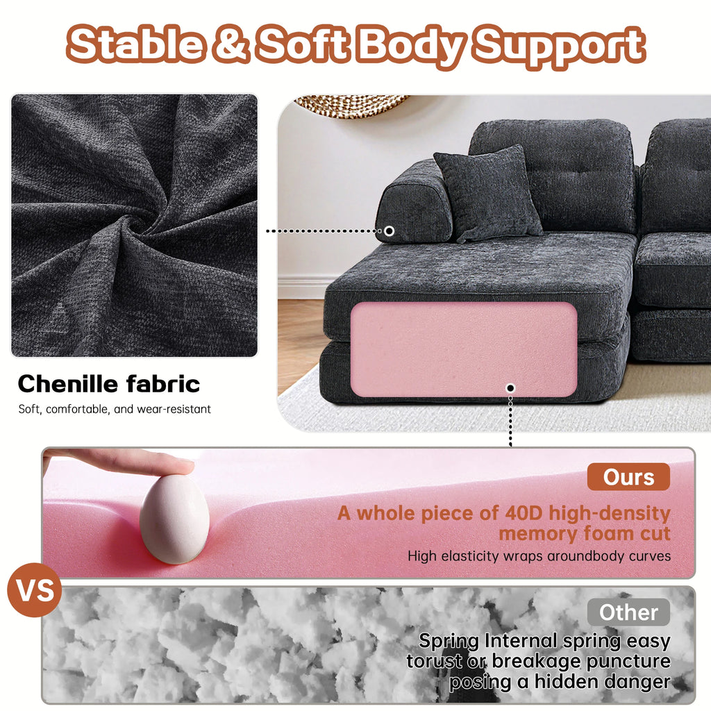 104' Boneless Couch Foldable Convertible Futon Sleeper Sofa Bed Floor Chenille L-Shaped Chaise Lounge for Living Room Sofas