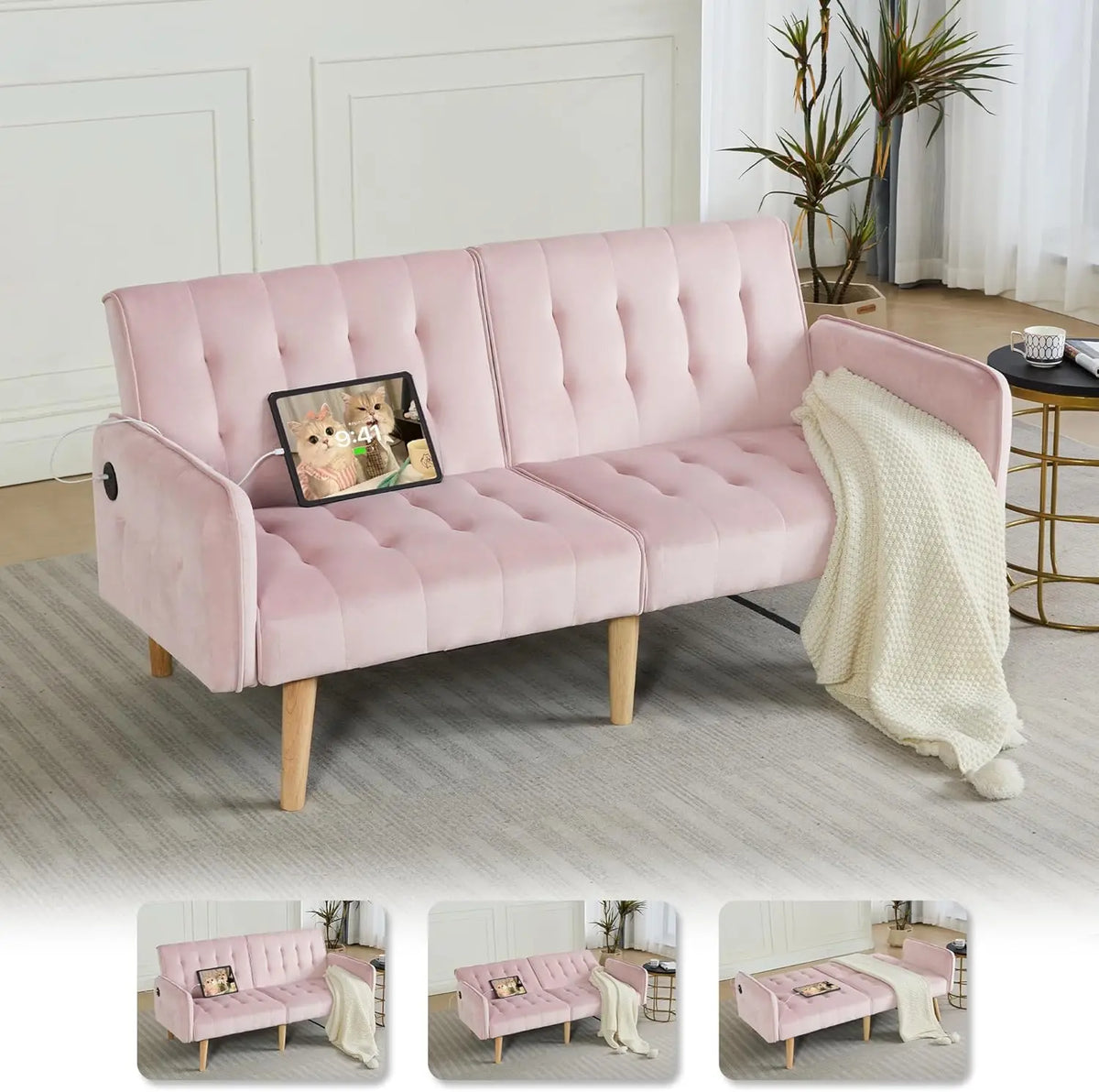 TYBOATLE 65" Futon Sofa Bed 2 USB - Tufted Upholstered Adjustable Loveseat Modern Mid Century for Small Spaces Dark Grey
