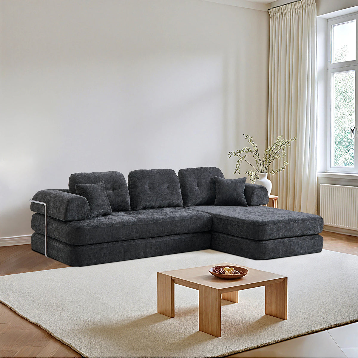 104' Boneless Couch Foldable Convertible Futon Sleeper Sofa Bed Floor Chenille L-Shaped Chaise Lounge for Living Room Sofas