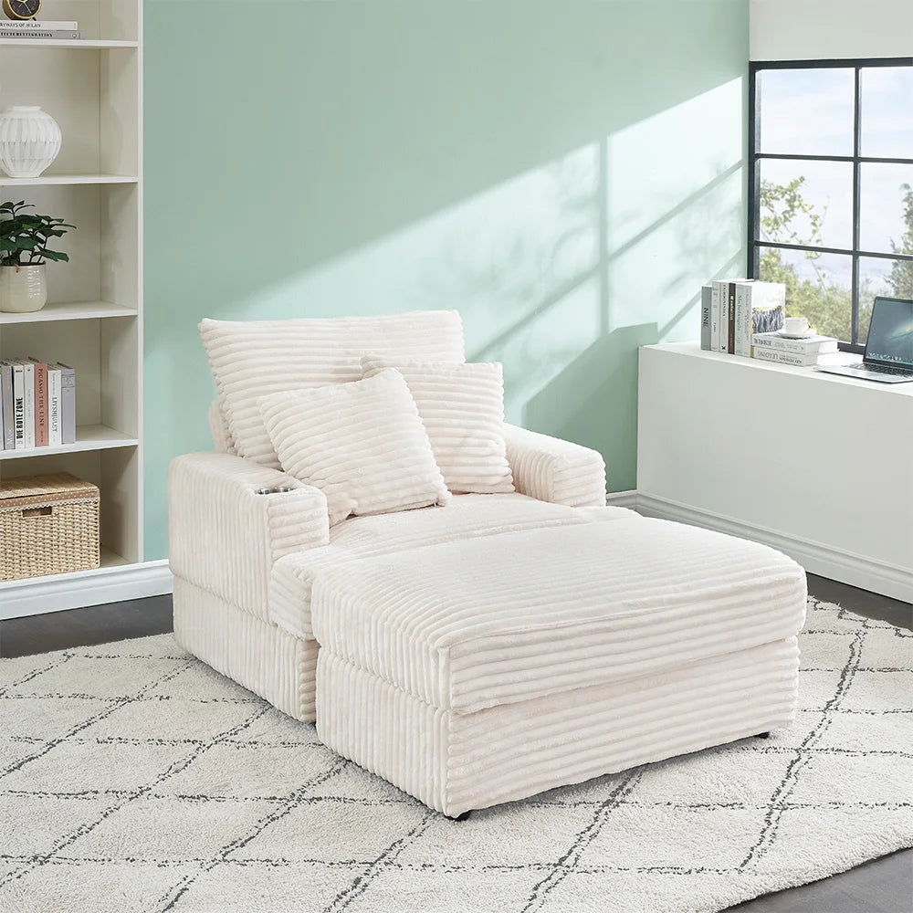 39-Inch Soft-Seat Single Sofa With Footrests Equipped With A Cup Holder Corduroy Fabric Is Highly Suitable for Use In The Living Room Or Bedroom