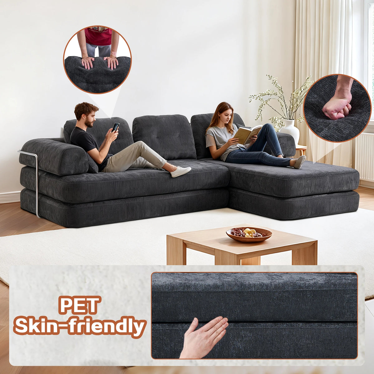 104' Boneless Couch Foldable Convertible Futon Sleeper Sofa Bed Floor Chenille L-Shaped Chaise Lounge for Living Room Sofas