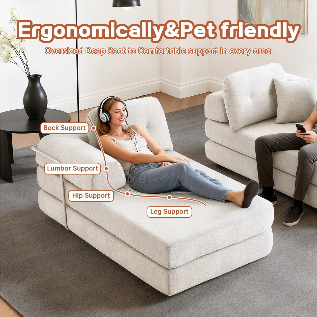 104' Boneless Couch Foldable Convertible Futon Sleeper Sofa Bed Floor Chenille L-Shaped Chaise Lounge for Living Room Sofas