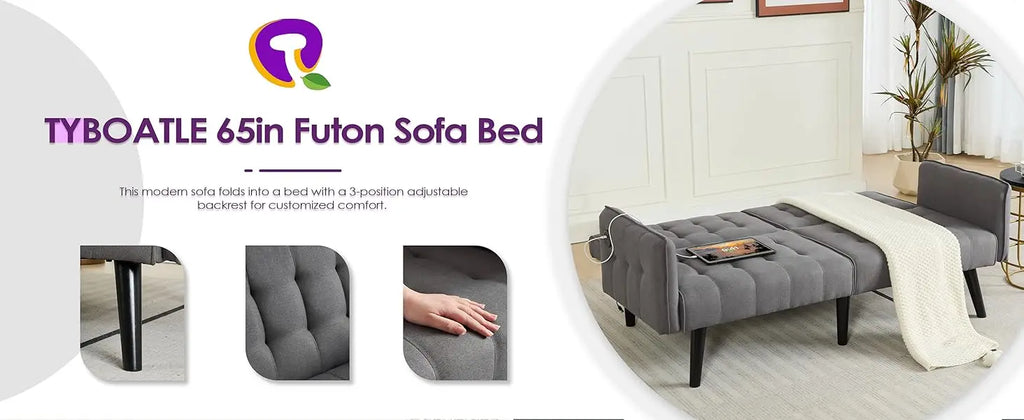 TYBOATLE 65" Futon Sofa Bed 2 USB - Tufted Upholstered Adjustable Loveseat Modern Mid Century for Small Spaces Dark Grey