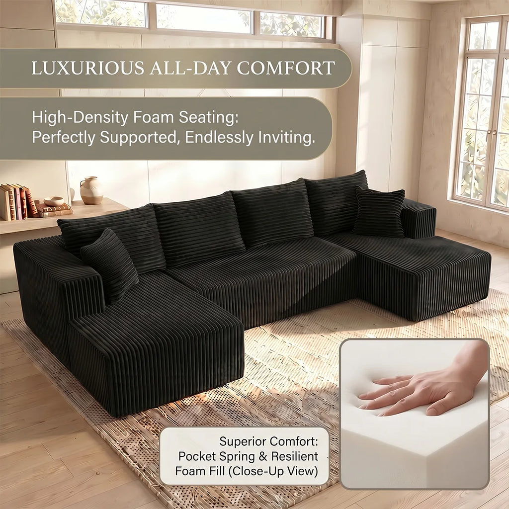 Large‑Size U‑Shape Modular Cloud Sofa with Cup Holders, Compressed Sofa Set, Velvet Fabric, for Suite & Villa Living Room