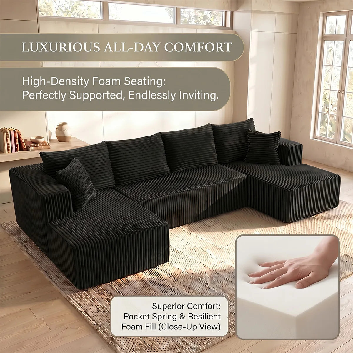 Large‑Size U‑Shape Modular Cloud Sofa with Cup Holders, Compressed Sofa Set, Velvet Fabric, for Suite & Villa Living Room